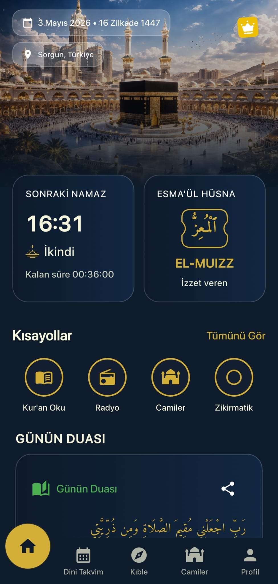 Mahya ana ekran — namaz vakitleri ve sahur sayacı