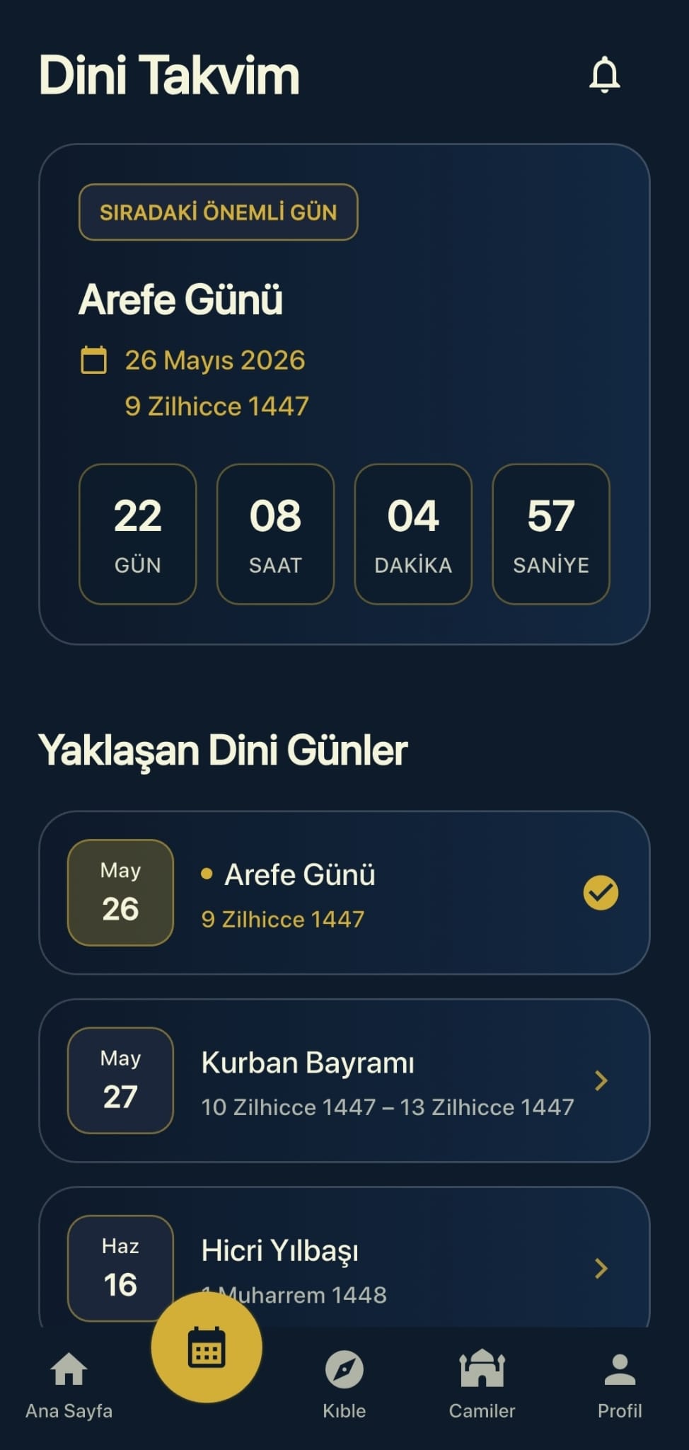 Mahya dini takvim ekranı