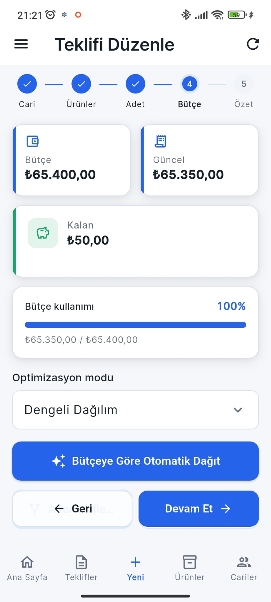 Prof Mobil akıllı bütçe optimizasyonu ekranı